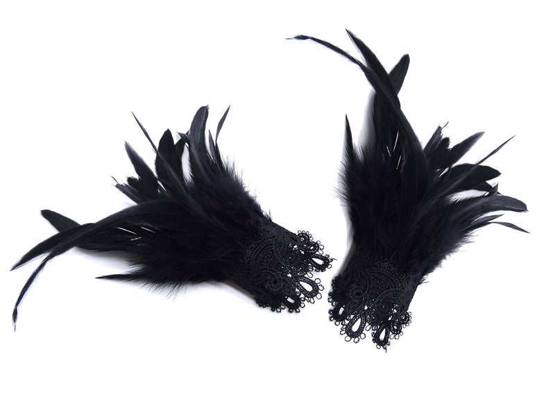 L'VOW Real Nature Feather Cuffs for Game Party Halloween Pack of 2 Black - Image 1